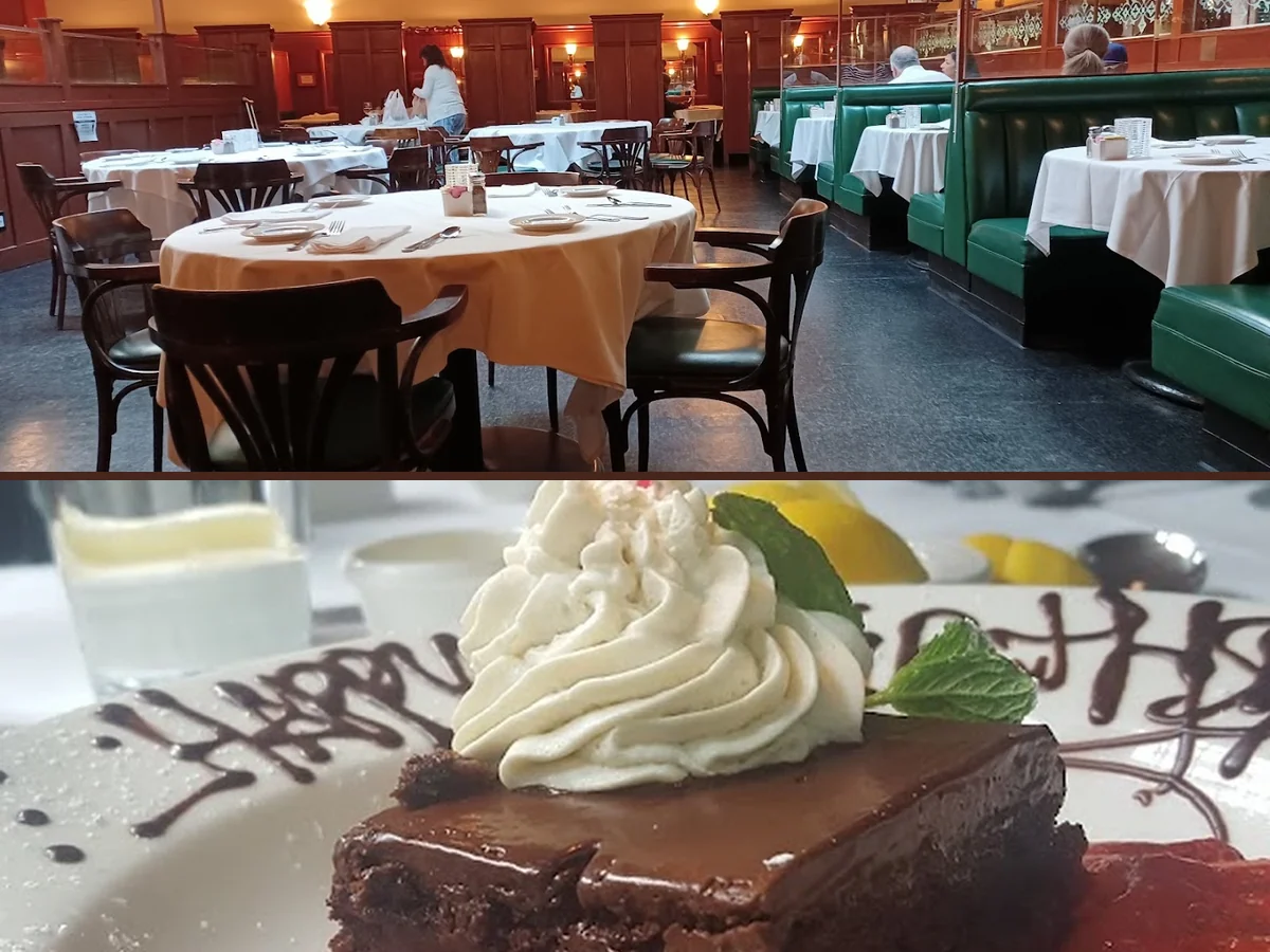 Steakhouse tables set beneath vintage-style decor.