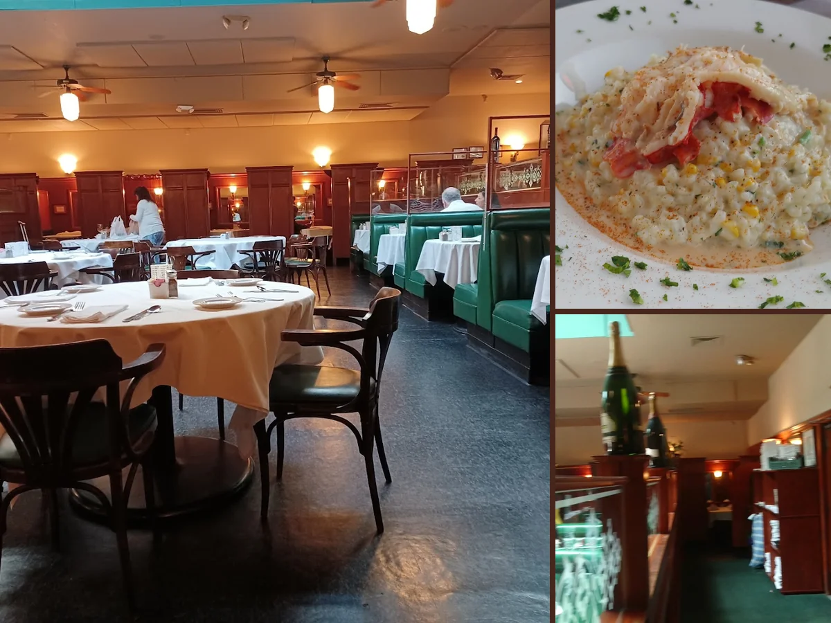 Steakhouse tables set beneath vintage-style decor.