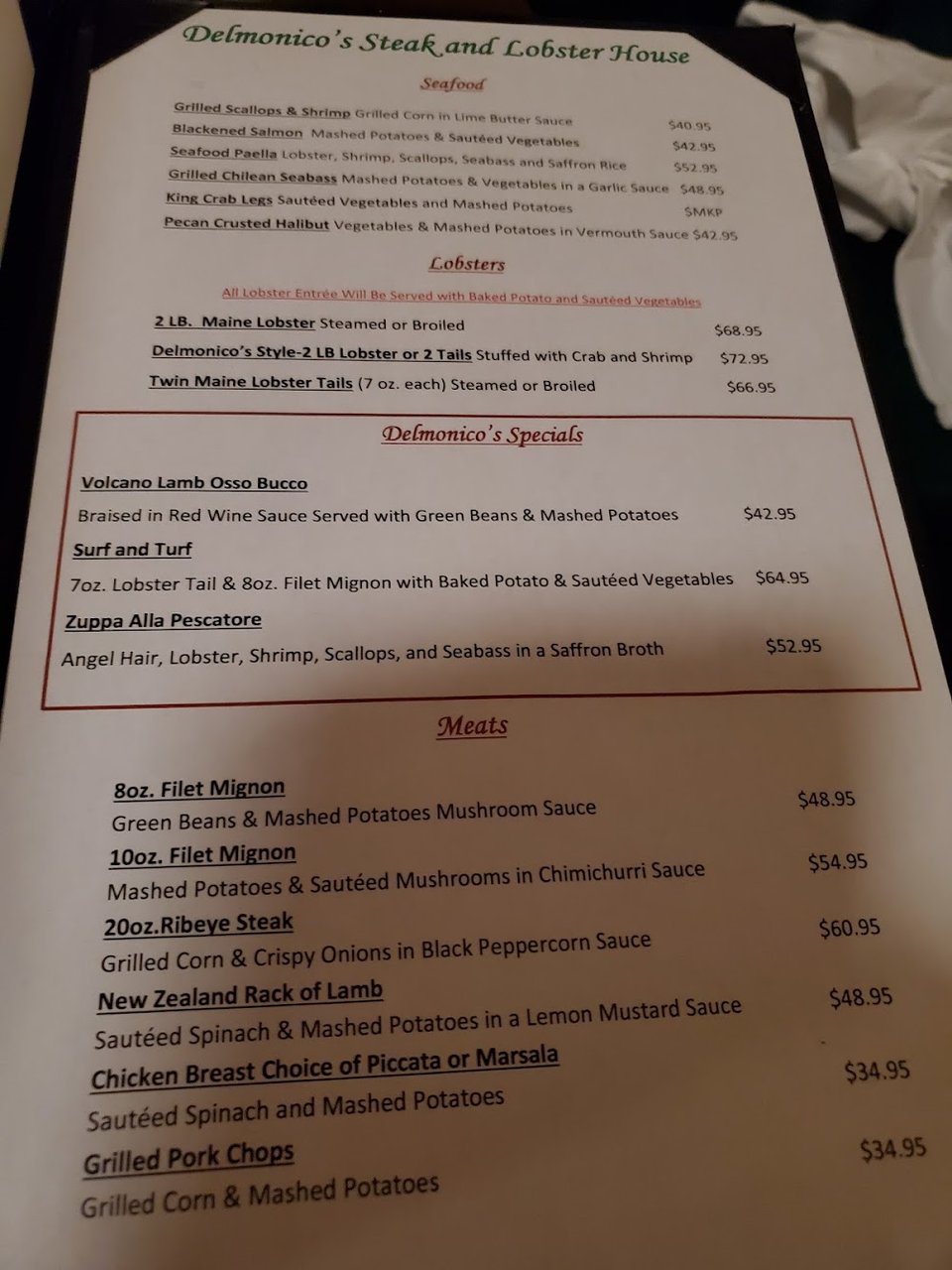 Printed menu page for appetizers and entrées.